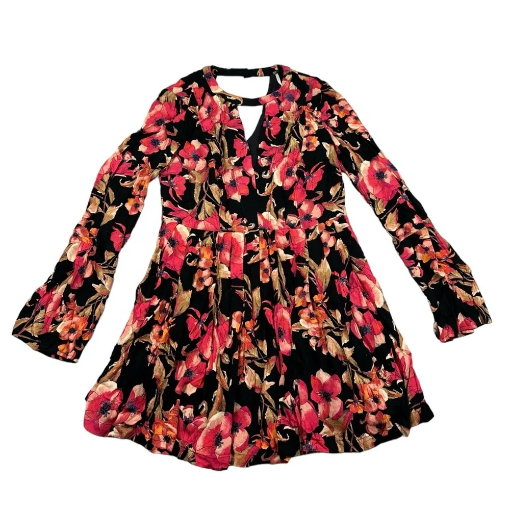FREE PEOPLE: Tegan Black Floral Long Sleeve Mini Dress -Size 4
